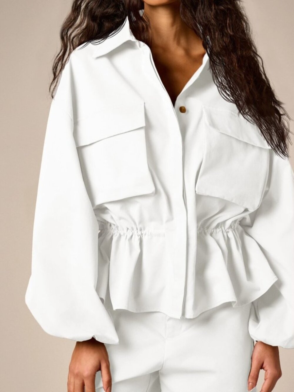 White Peplum Cargo Jacket with Cinched Waist - Picture 5 of 6